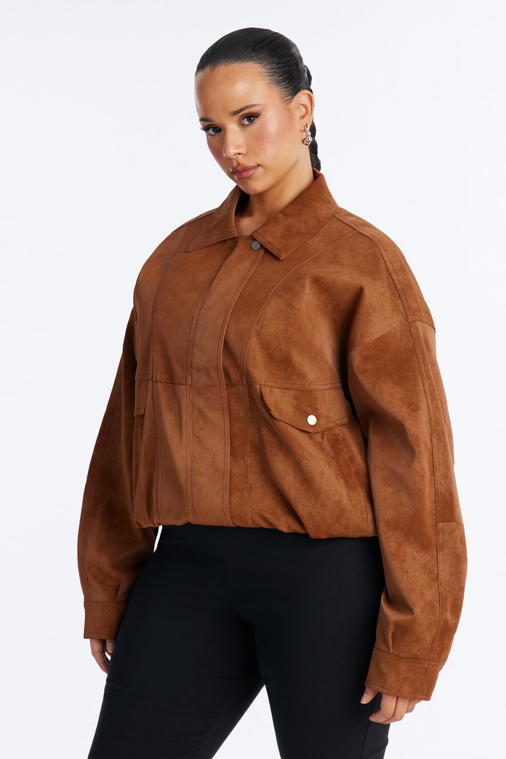 Corey Washed Faux Leather Bomber Jacket - Tan