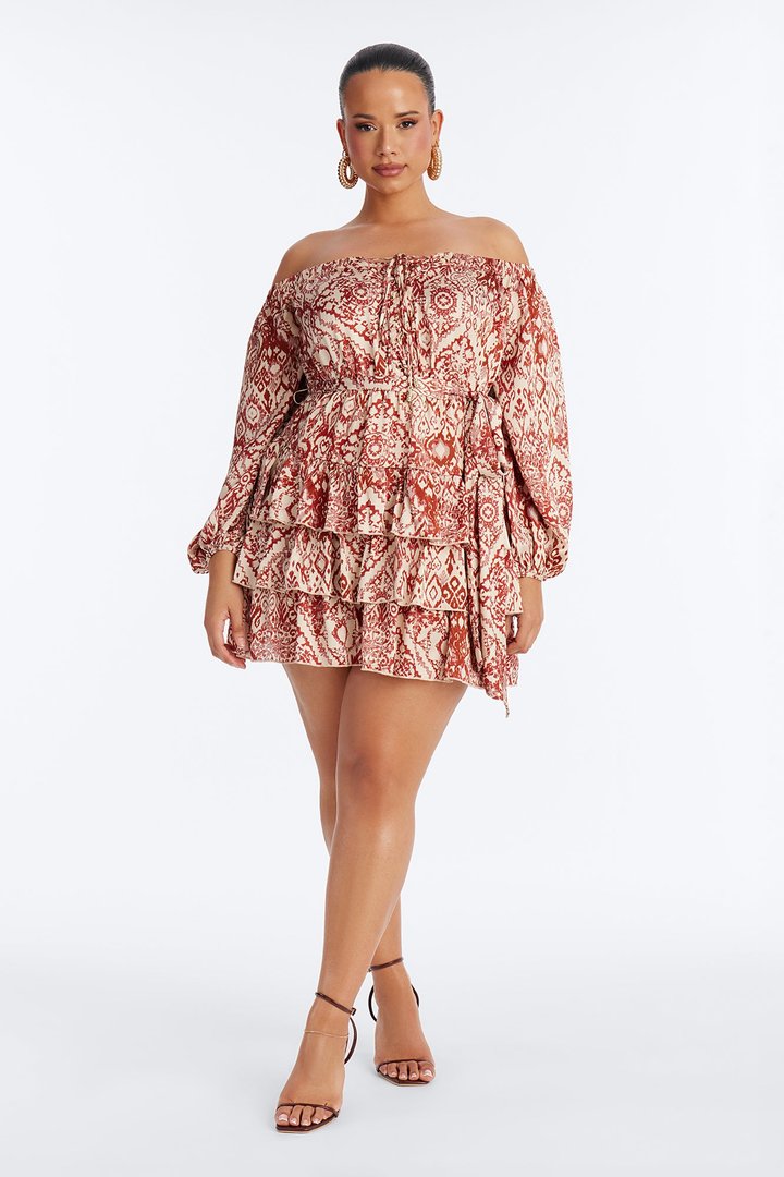 Cleo Off Shoulder Satin Mini Dress - Rust/combo