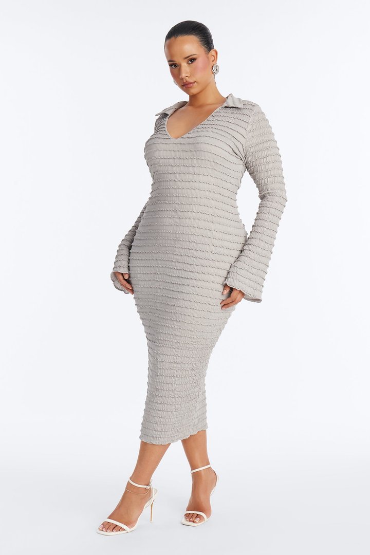 Marcy Collar Textured Midi Dress - Slate Grey