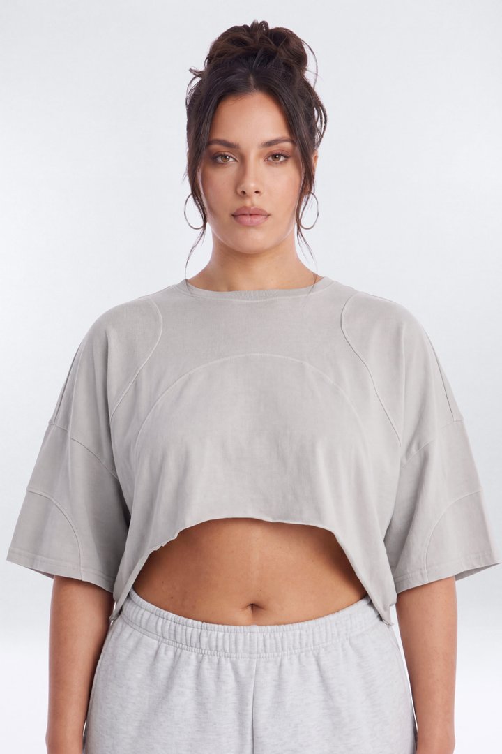 Cotton Jersey Oversized Stitched Short Sleeve Top - Stone
