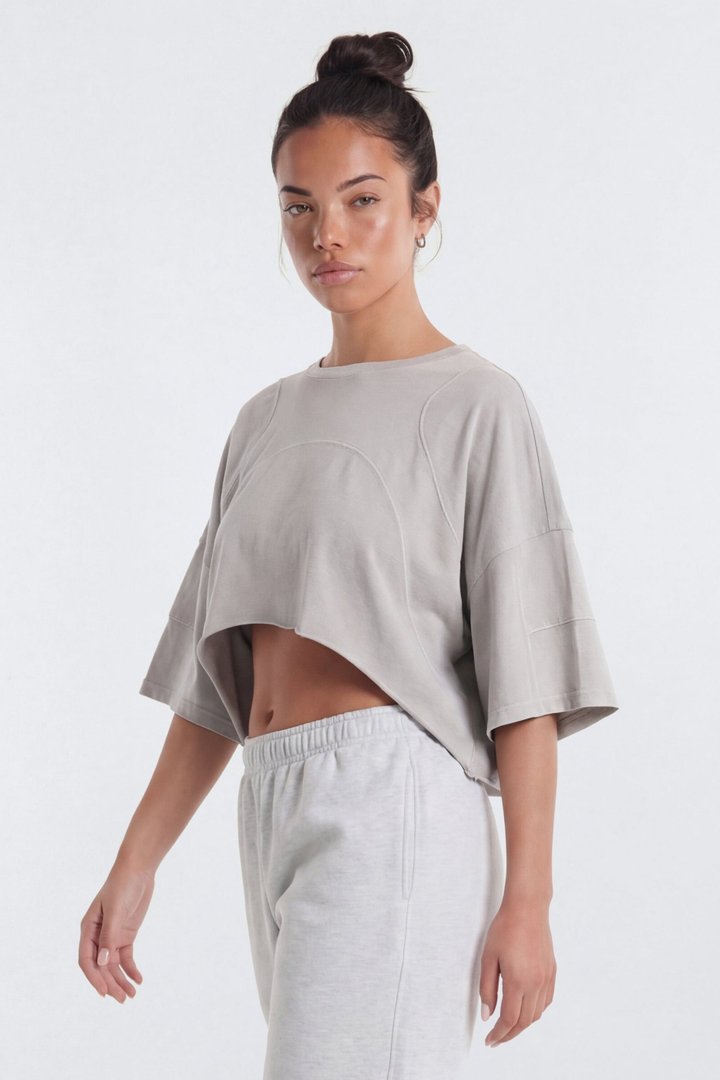 Cotton Jersey Oversized Stitched Short Sleeve Top - Stone