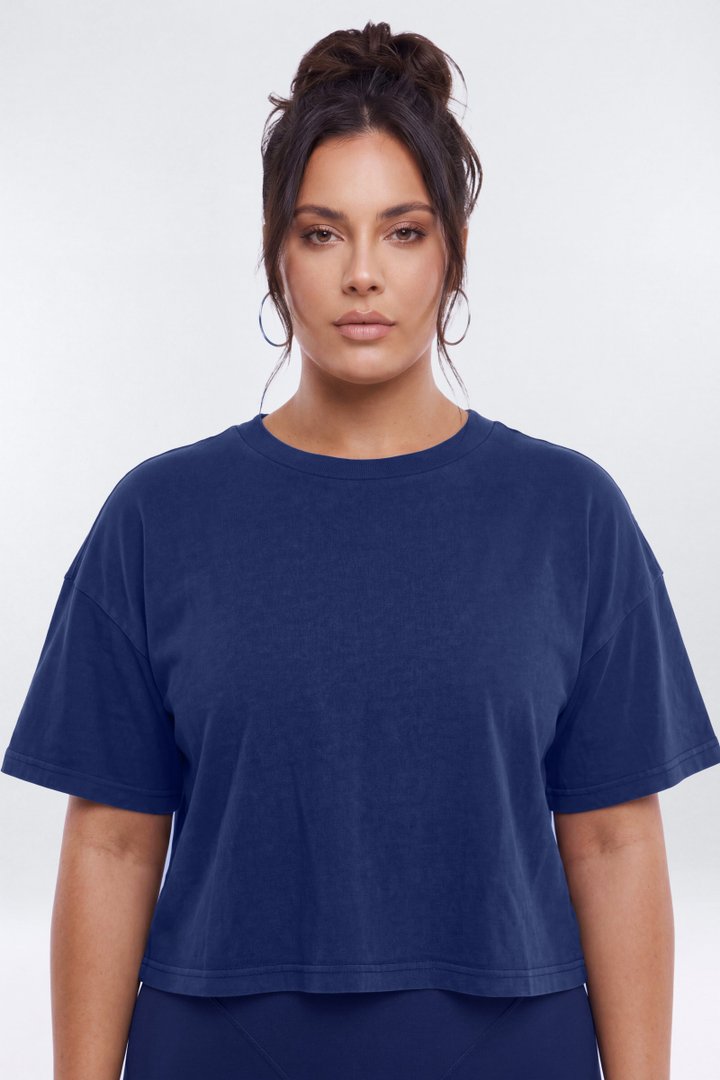 Cotton Jersey Boxy Short Sleeve Top - Navy