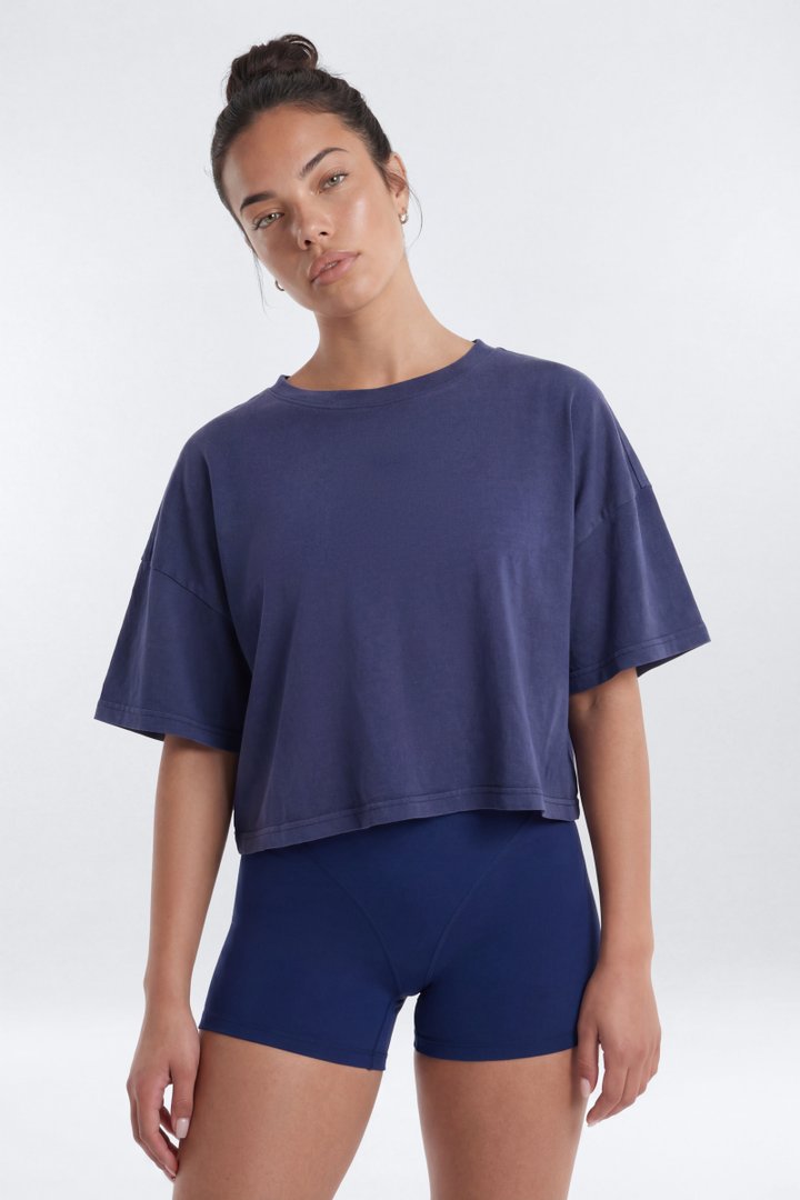 Cotton Jersey Boxy Short Sleeve Top - Navy