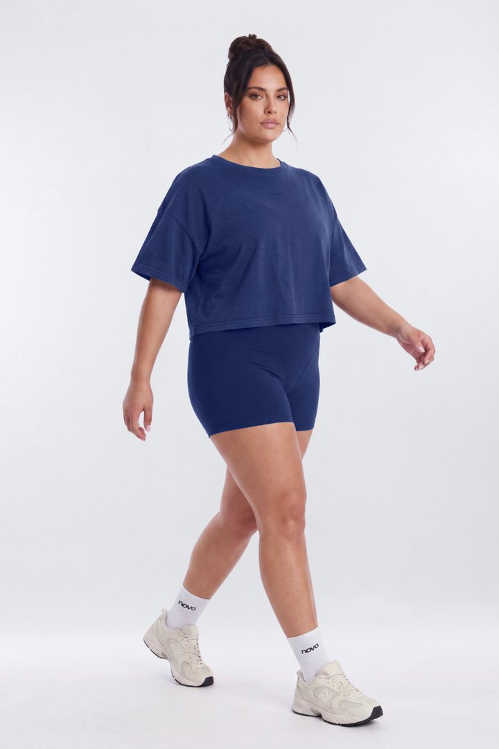 Cotton Jersey Boxy Short Sleeve Top - Navy