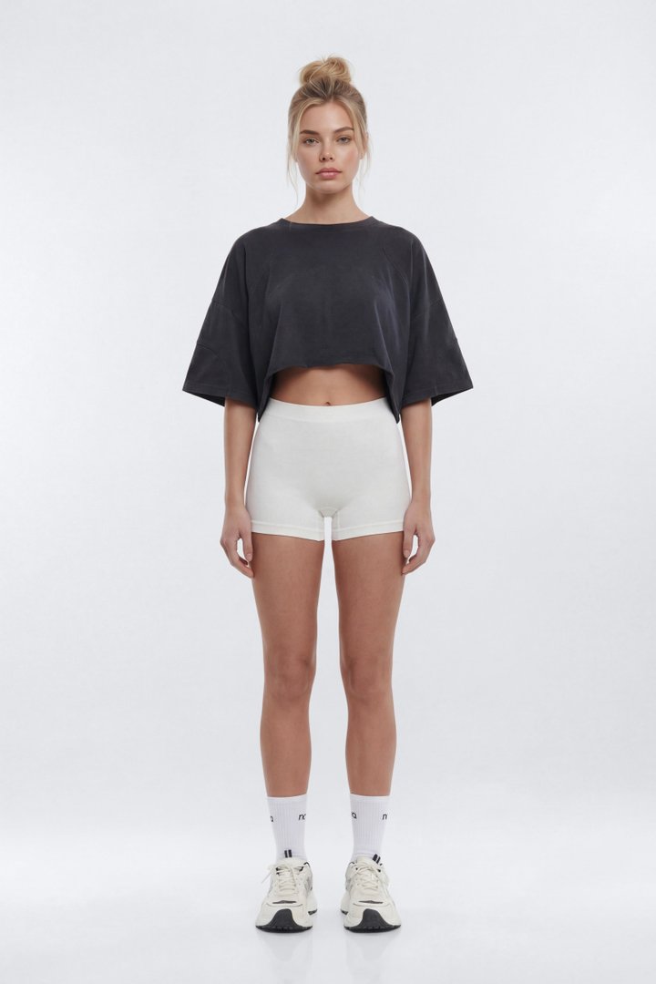 Cotton Jersey Oversized Stitched Short Sleeve Top - Charcoal