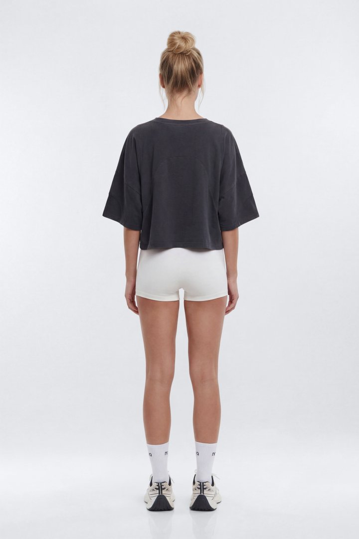 Cotton Jersey Oversized Stitched Short Sleeve Top - Charcoal