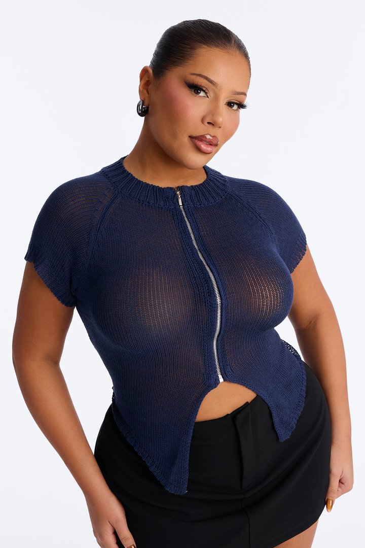 Movie Stars Front Zip CrochetTop - Navy