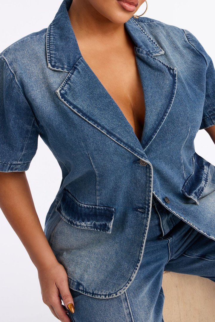 Lisa Short Sleeve Denim Blazer Pant Set - Denim