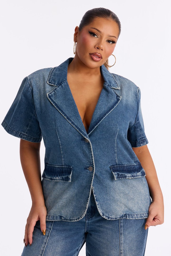 Lisa Short Sleeve Denim Blazer Pant Set - Denim