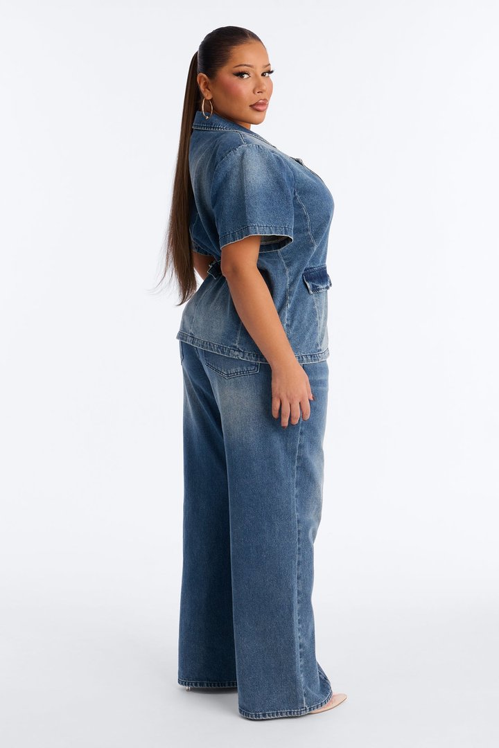 Lisa Short Sleeve Denim Blazer Pant Set - Denim