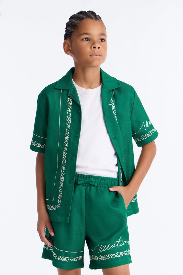 Mini Kingston Embroidered Cuban Collar Button Up Shirt - Green