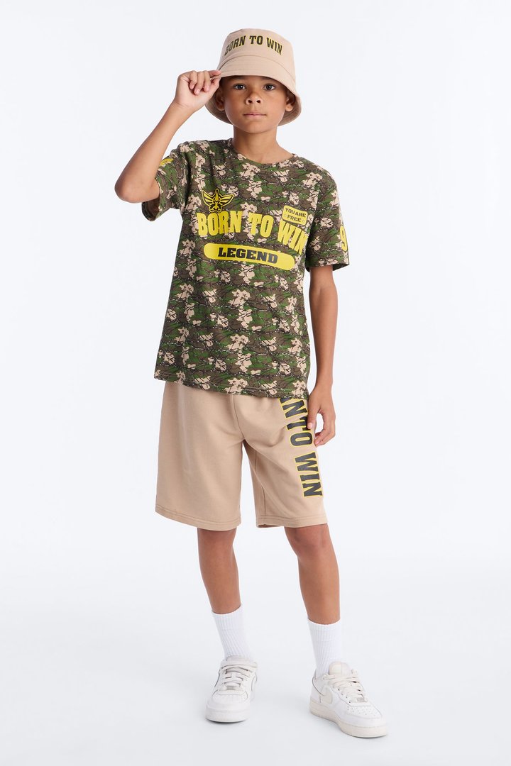Mini Born To Win Short Set With Bucket Hat - Taupe/combo