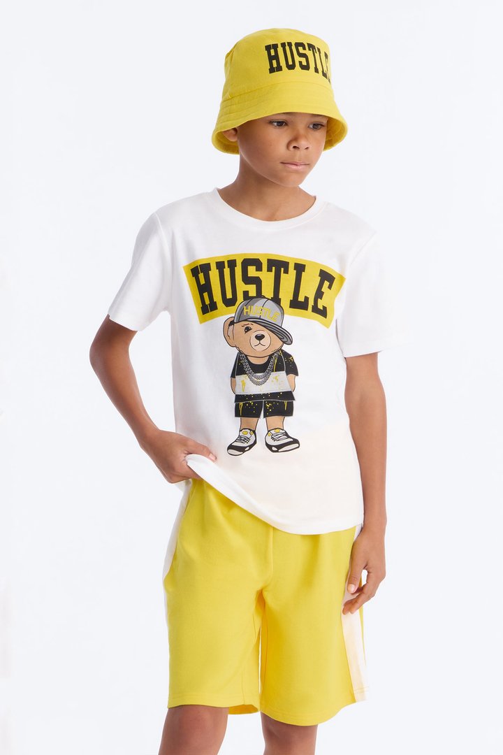 Mini Hustle Bear Short Set With Bucket Hat - White/combo