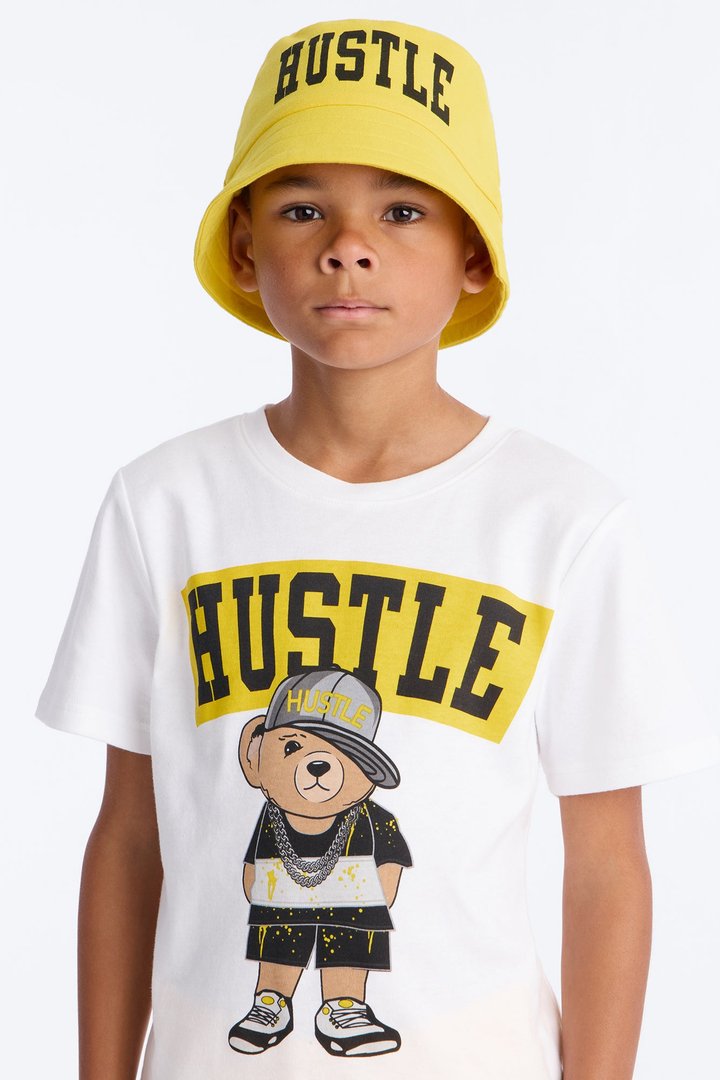 Mini Hustle Bear Short Set With Bucket Hat - White/combo