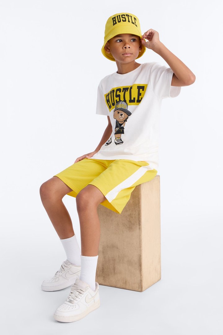Mini Hustle Bear Short Set With Bucket Hat - White/combo