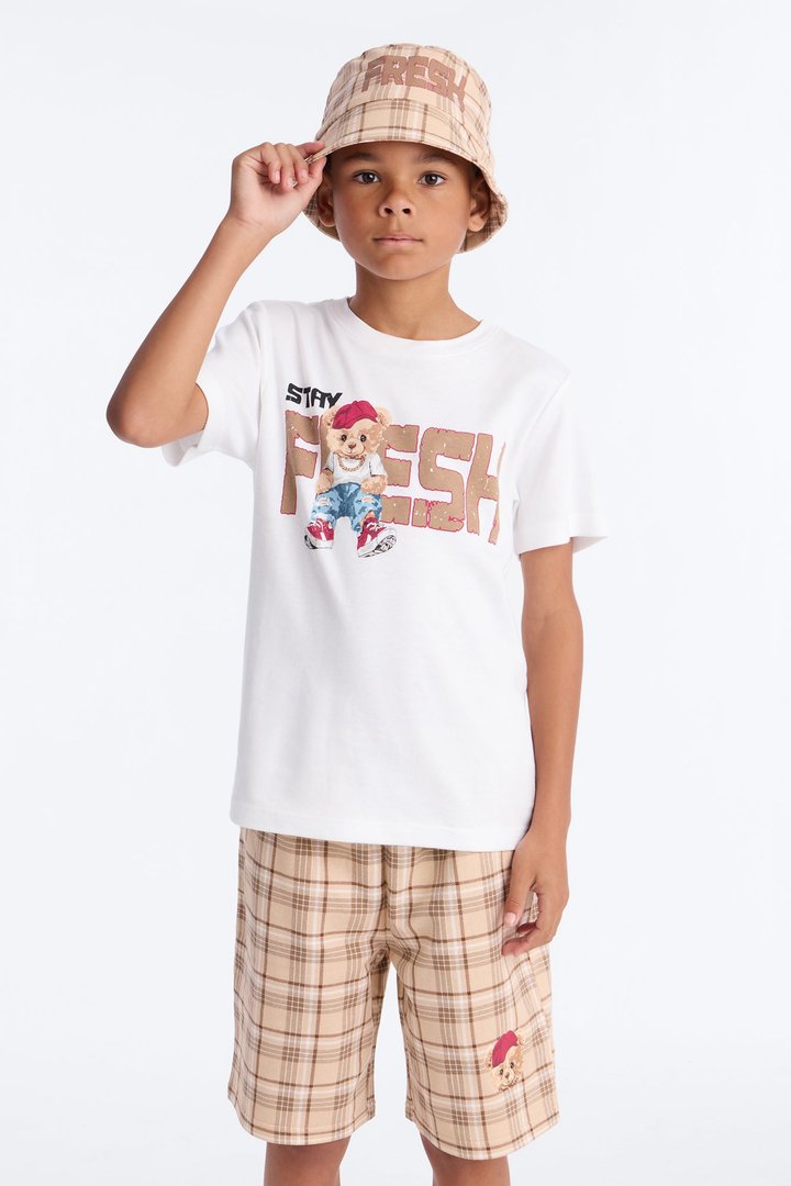 Mini Stay Fresh Plaid Short Set With Bucket Hat - White/combo