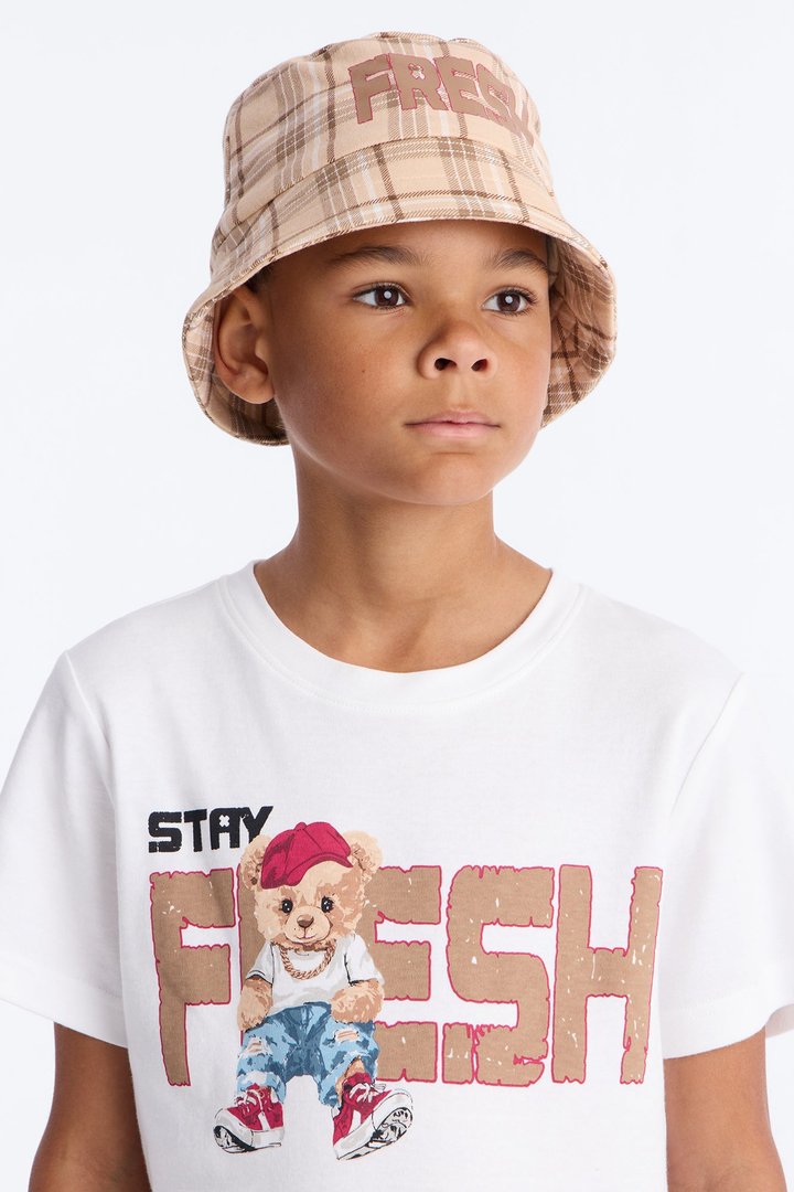 Mini Stay Fresh Plaid Short Set With Bucket Hat - White/combo