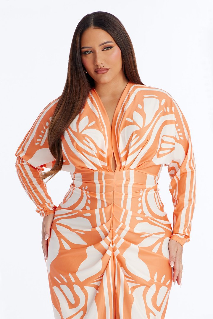 Revive Long Sleeve Midi Dress - Orange/combo