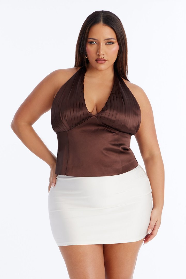 Highly Addictive Pleated Lace Up Satin Halter Top - Chocolate