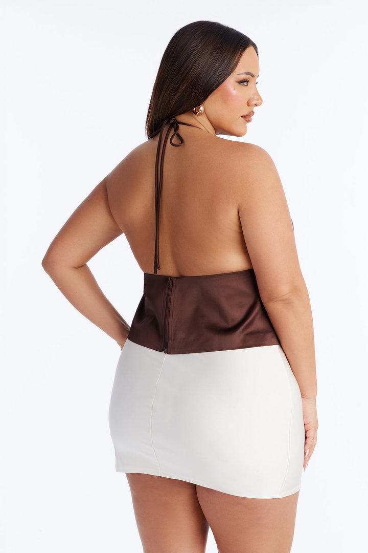 Highly Addictive Pleated Lace Up Satin Halter Top - Chocolate