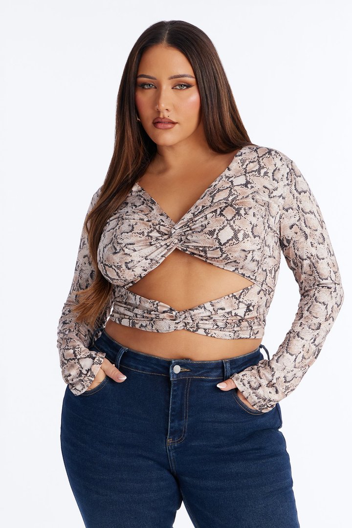 Snakebite Cut Out Long Sleeve Top - Taupe/combo