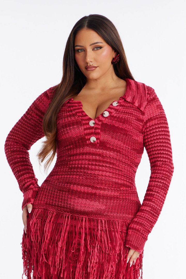 Amaya Striped Fringe Sweater Maxi Dress - Red