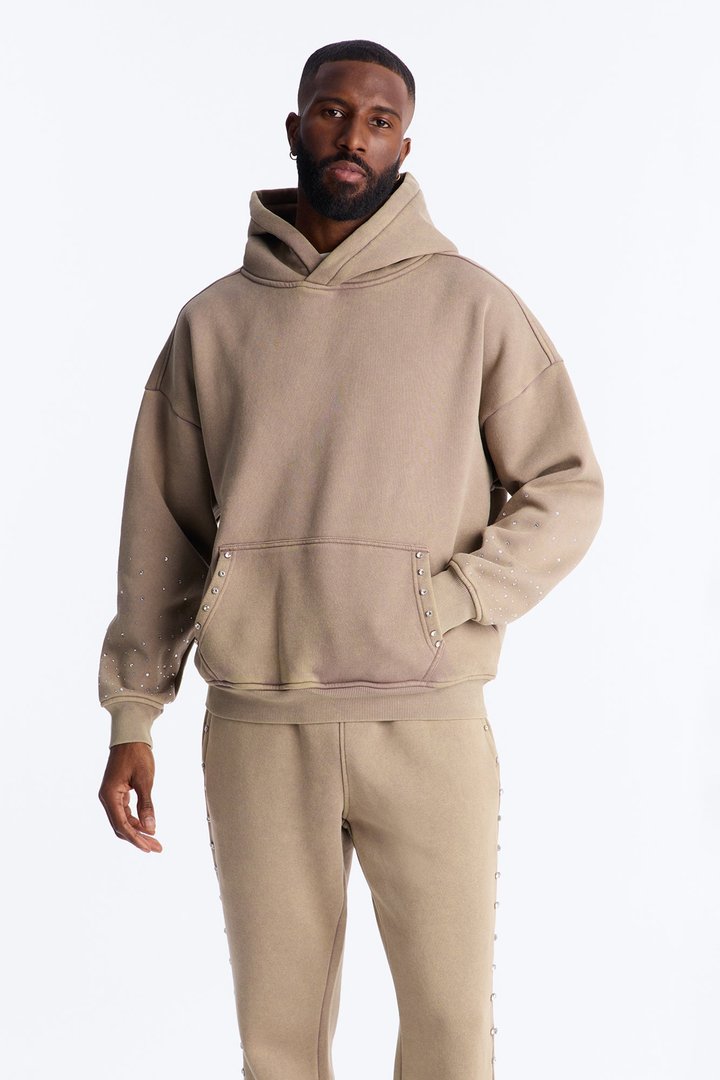 Ice Cold Rhinestones Oversized Hoodie - Taupe
