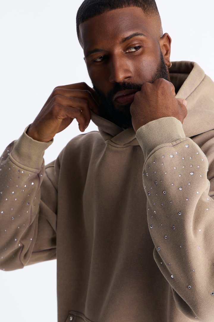 Ice Cold Rhinestones Oversized Hoodie - Taupe