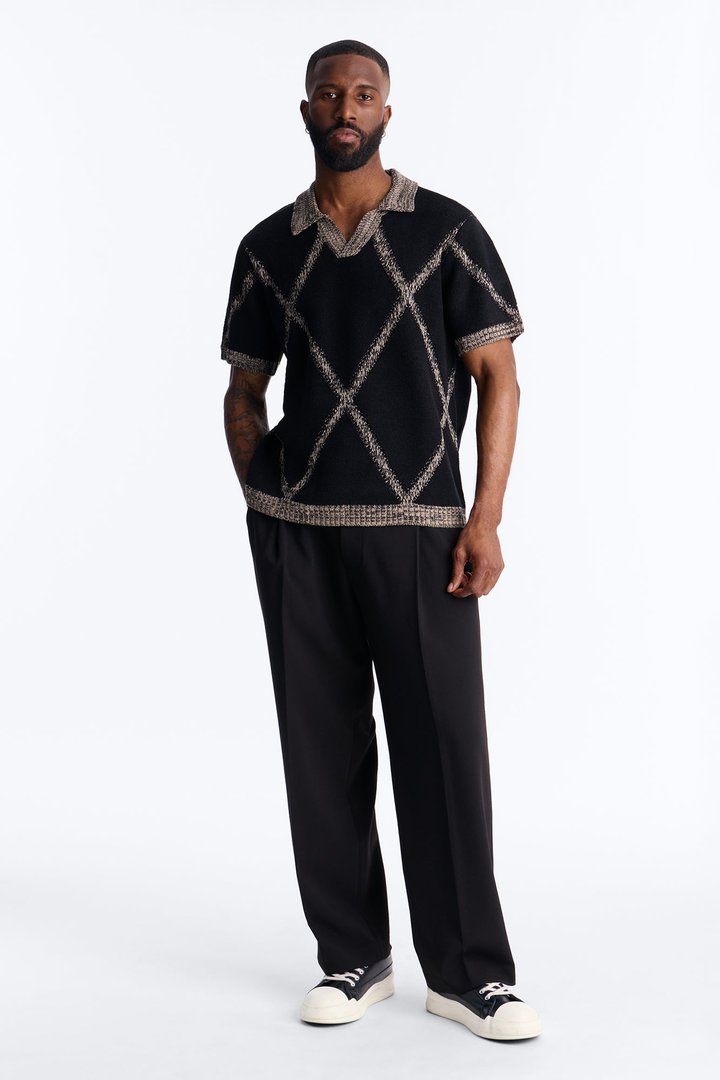 Classic Argyle Knit Polo - Black