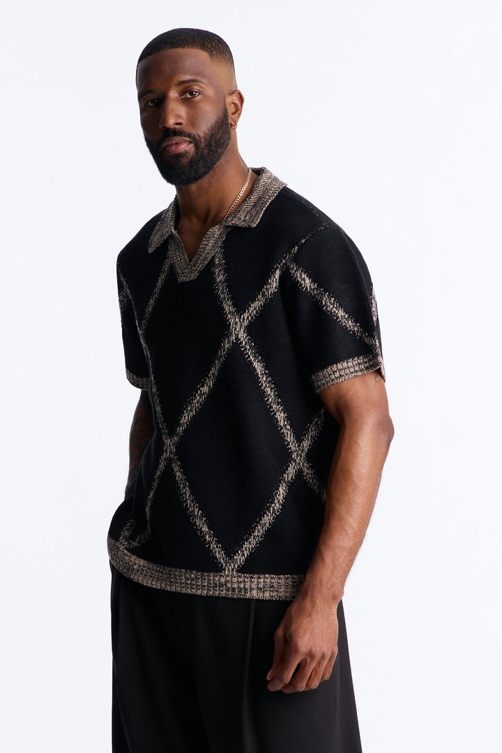 Classic Argyle Knit Polo - Black