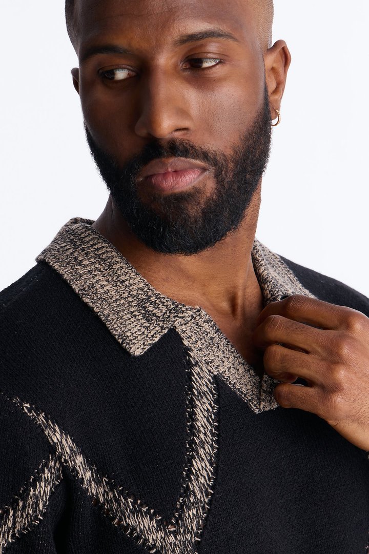 Classic Argyle Knit Polo - Black