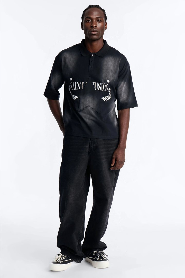 Stars And Saints illusion Short Sleeve Knit Polo - Black