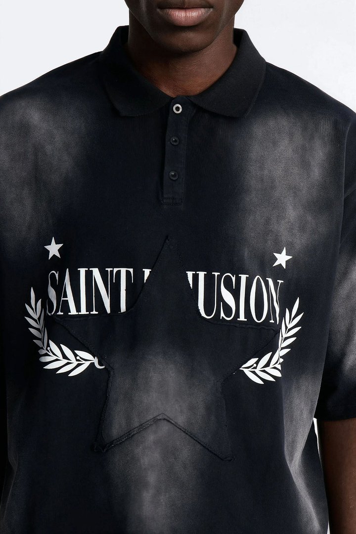 Stars And Saints illusion Short Sleeve Knit Polo - Black