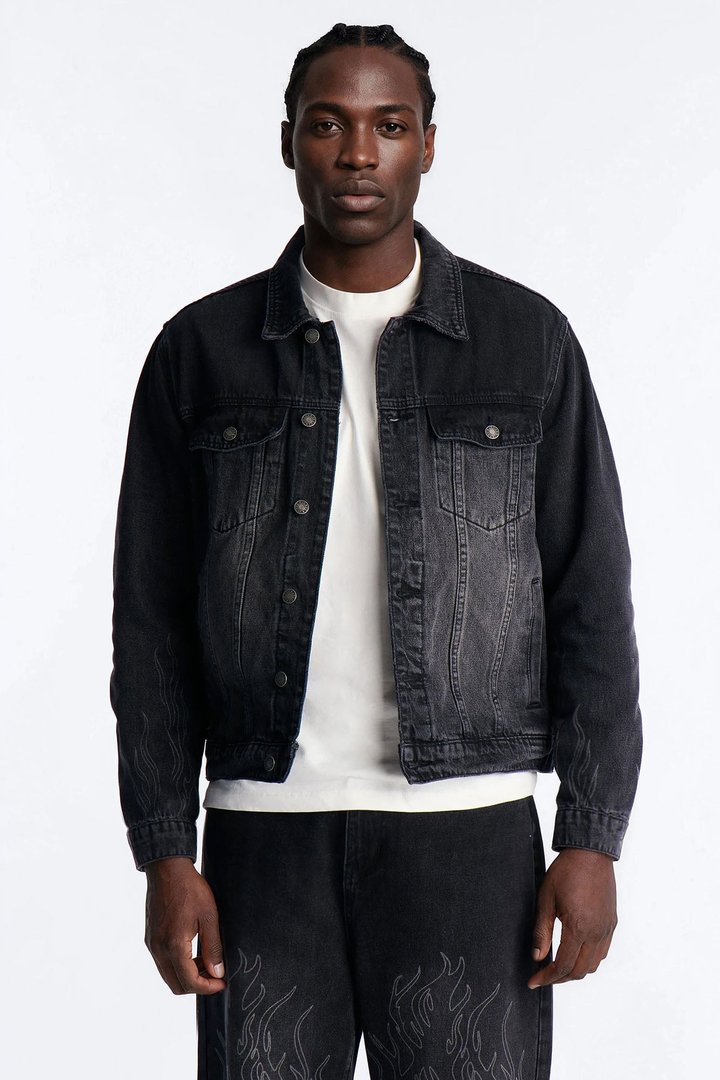 Cropped Hellfire Denim Trucker Jacket - Black Wash