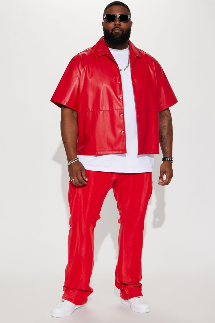 Slam Dunk Faux Leather Short Sleeve Button Up - Red
