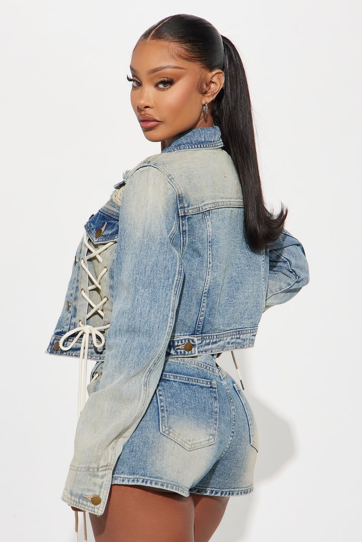 Reaching New Levels Lace Up Denim Jacket - Vintage Wash
