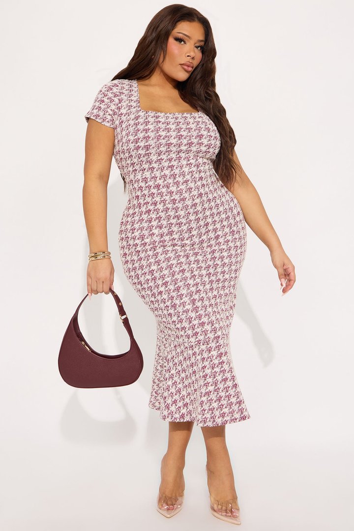 Margot Stretch Tweed Midi Dress - Burgundy/combo