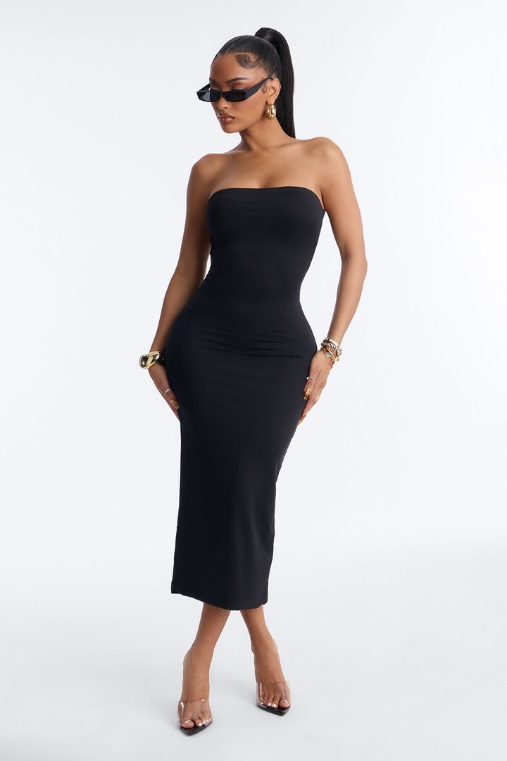 Contour Double Lined Strapless Midi Dress - Black