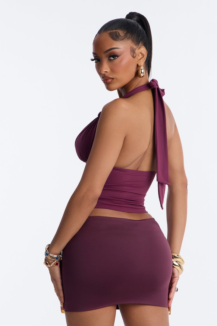 Second Skin Knot Backless Halter Top - Plum