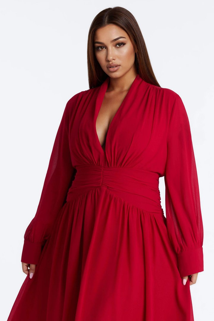 Alia Ruched Chiffon Midi Dress - Red