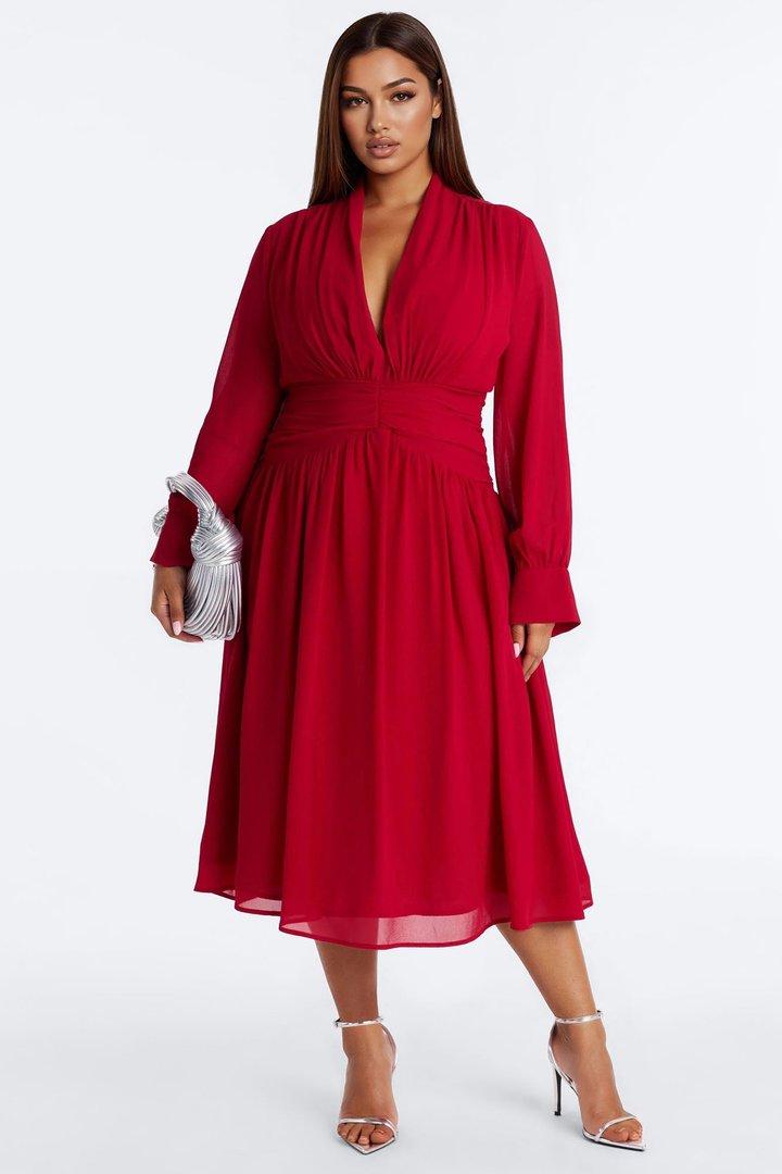 Alia Ruched Chiffon Midi Dress - Red