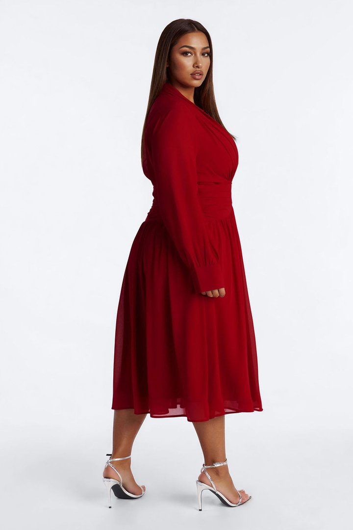 Alia Ruched Chiffon Midi Dress - Red