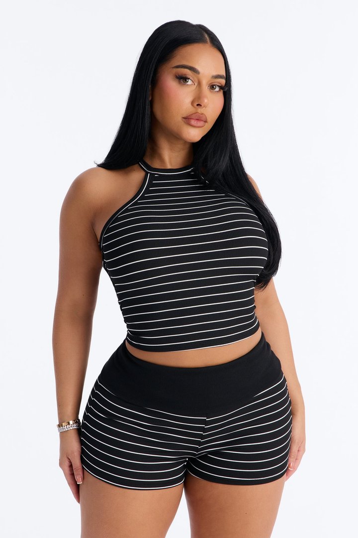 Kira Ribbed Stipe Short Set - Black