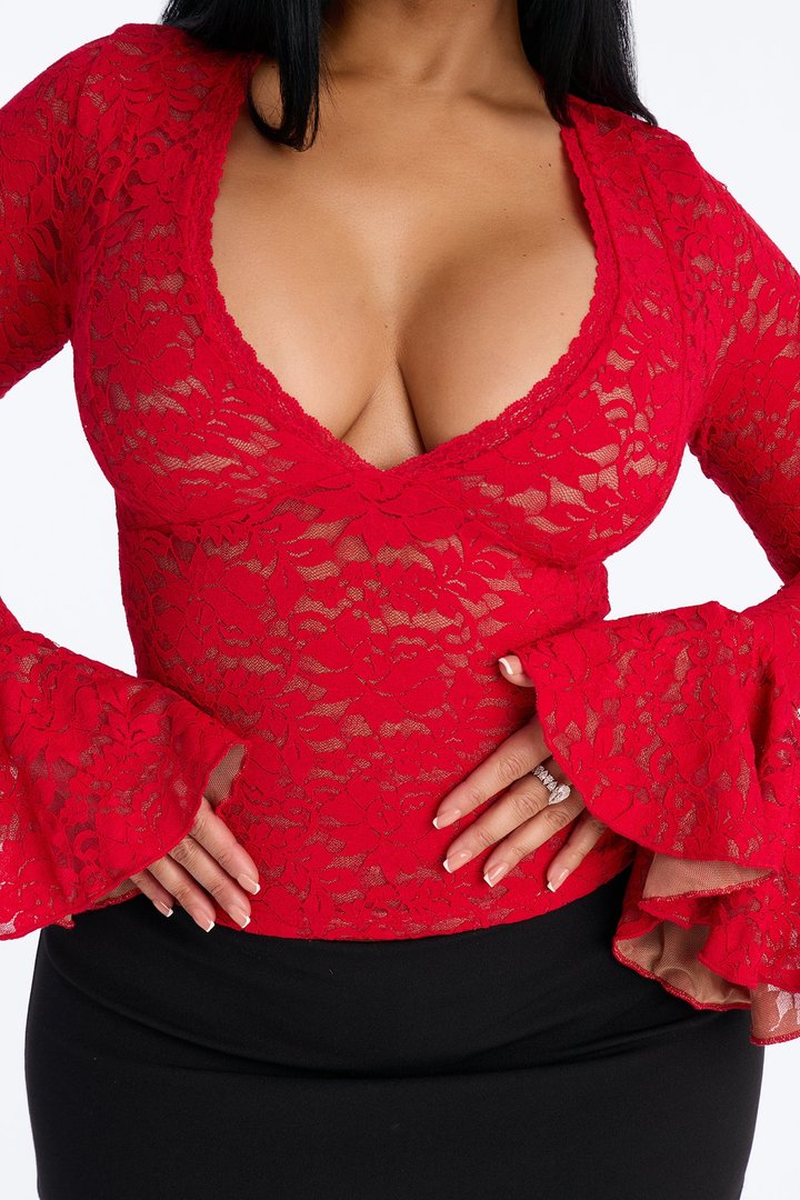 Long Time Lover Ruffle Long Sleeve Top - Red