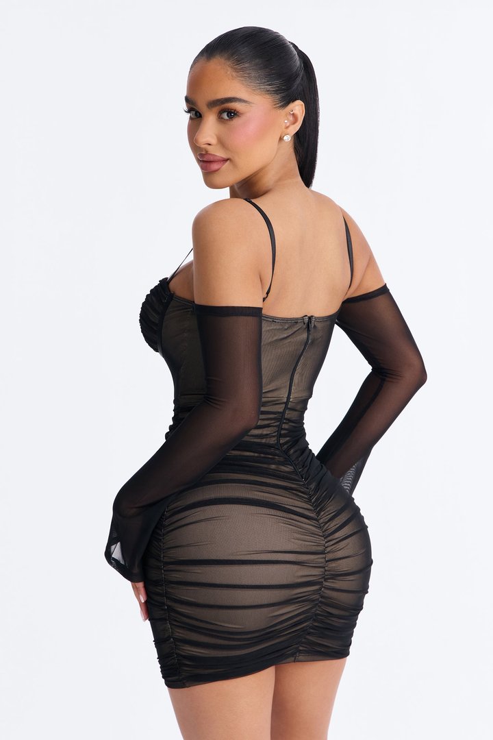 Syla Long Sleeve Mesh Mini Dress - Black