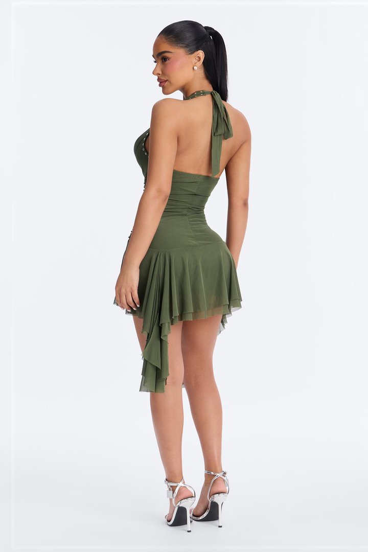 Alessandra Studded Mesh Mini Dress - Olive