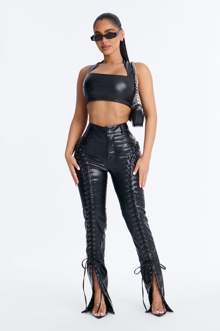Lace Me Up Low Rise Faux Leather Flare Pant 33″ - Black