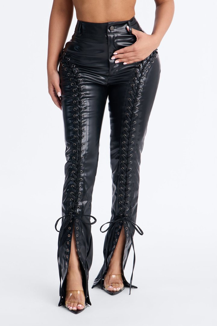 Lace Me Up Low Rise Faux Leather Flare Pant 33″ - Black