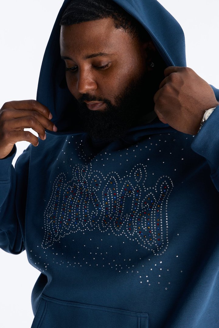 Antisocial Rhinestone Pearl Oversized Hoodie - Navy