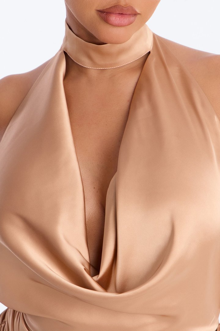 Ayla Draped Backless Satin Gown - Taupe